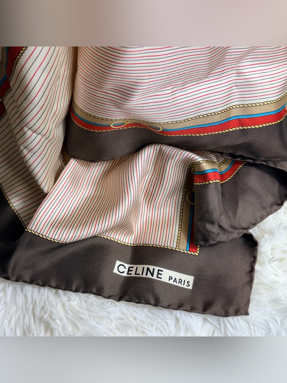 Celine Cream Horse Bit Silk Scarf with Red and Blue Stripe & Brown Border - Picture 5 of 9